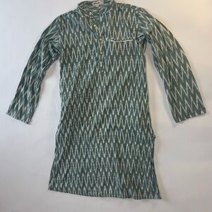 Fabindia Ikat Tunic Kurta Green White Slim Fit Size 38 Boho India Cotton